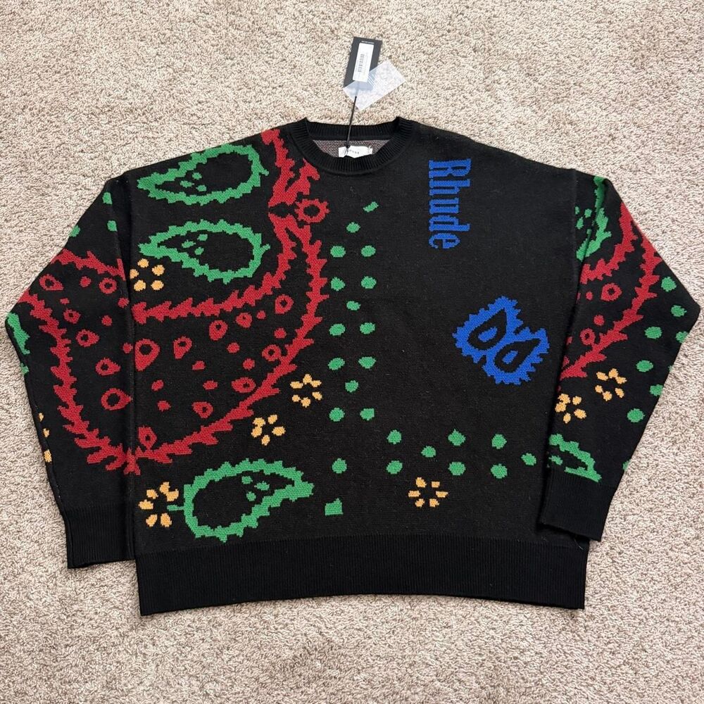 NWT Rhude Bandana Knit Wool and Cashmere Crewneck Black Size Large